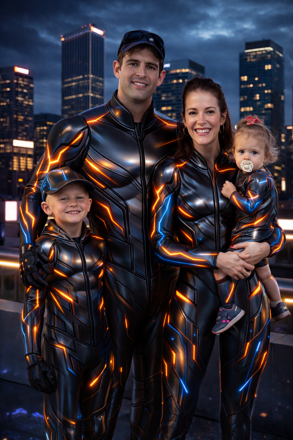 The Machovec family in futuristic tech suits against a city skyline