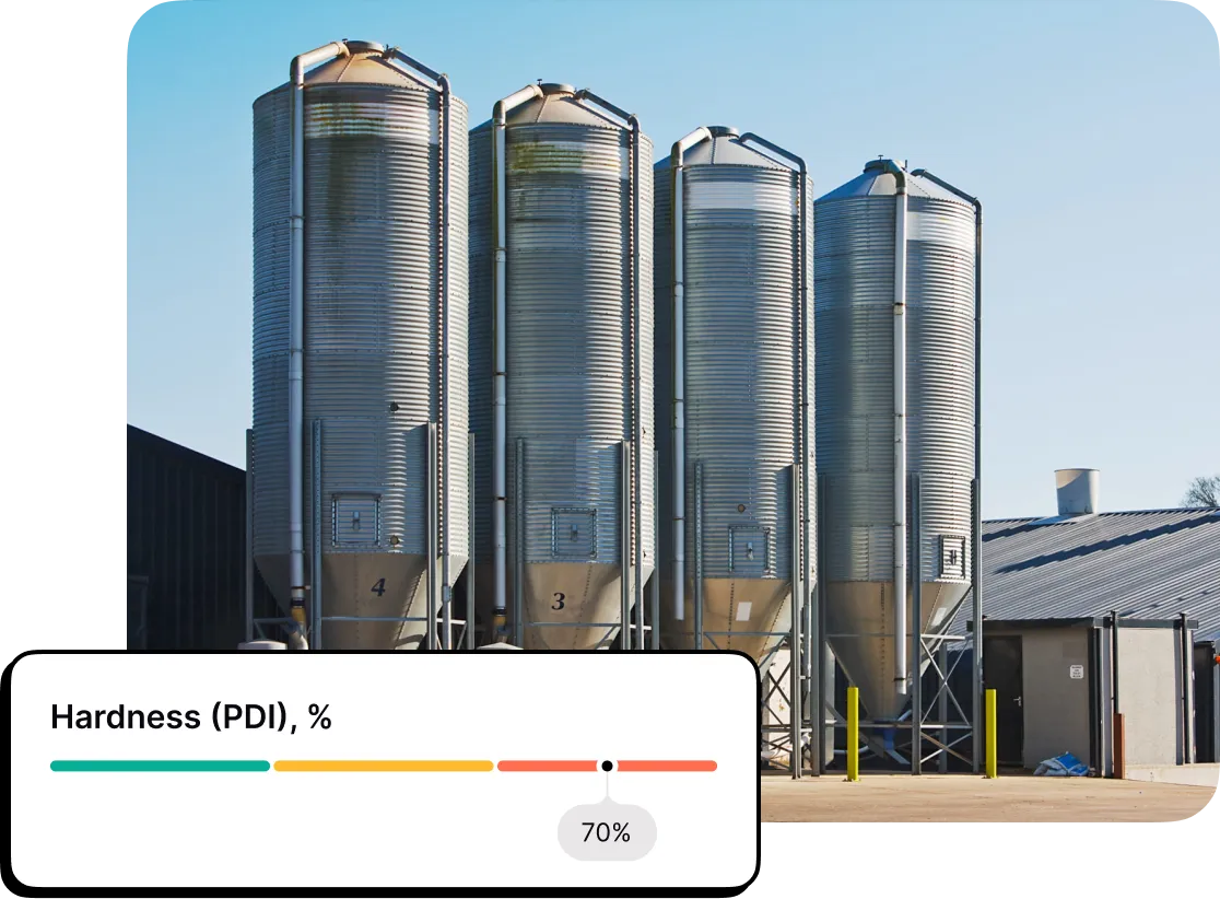 Industrial grain silos with an analytics gauge overlay showing operational quality metrics