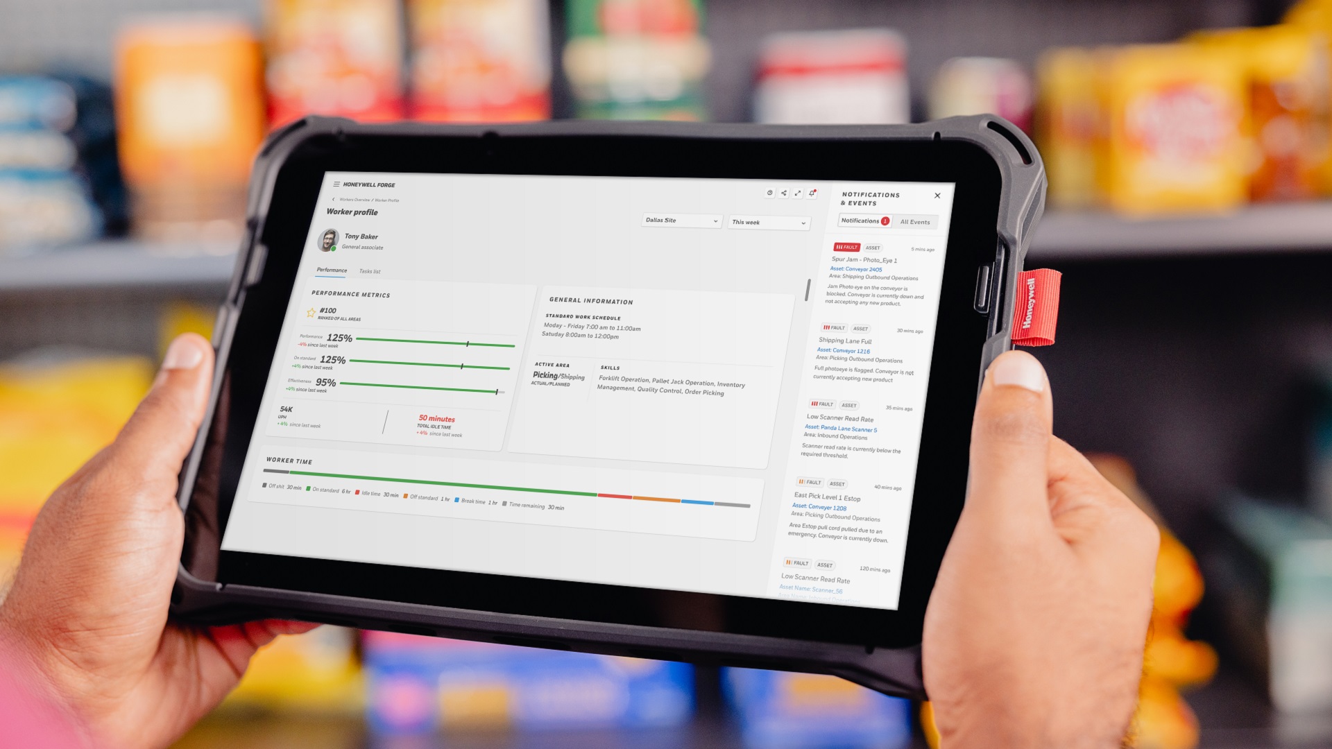 Worker profile view on a rugged tablet showing performance metrics and notifications