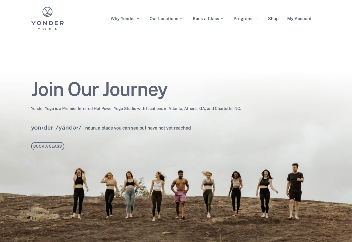Yonder Yoga homepage showing the Join Our Journey hero section with studio members
